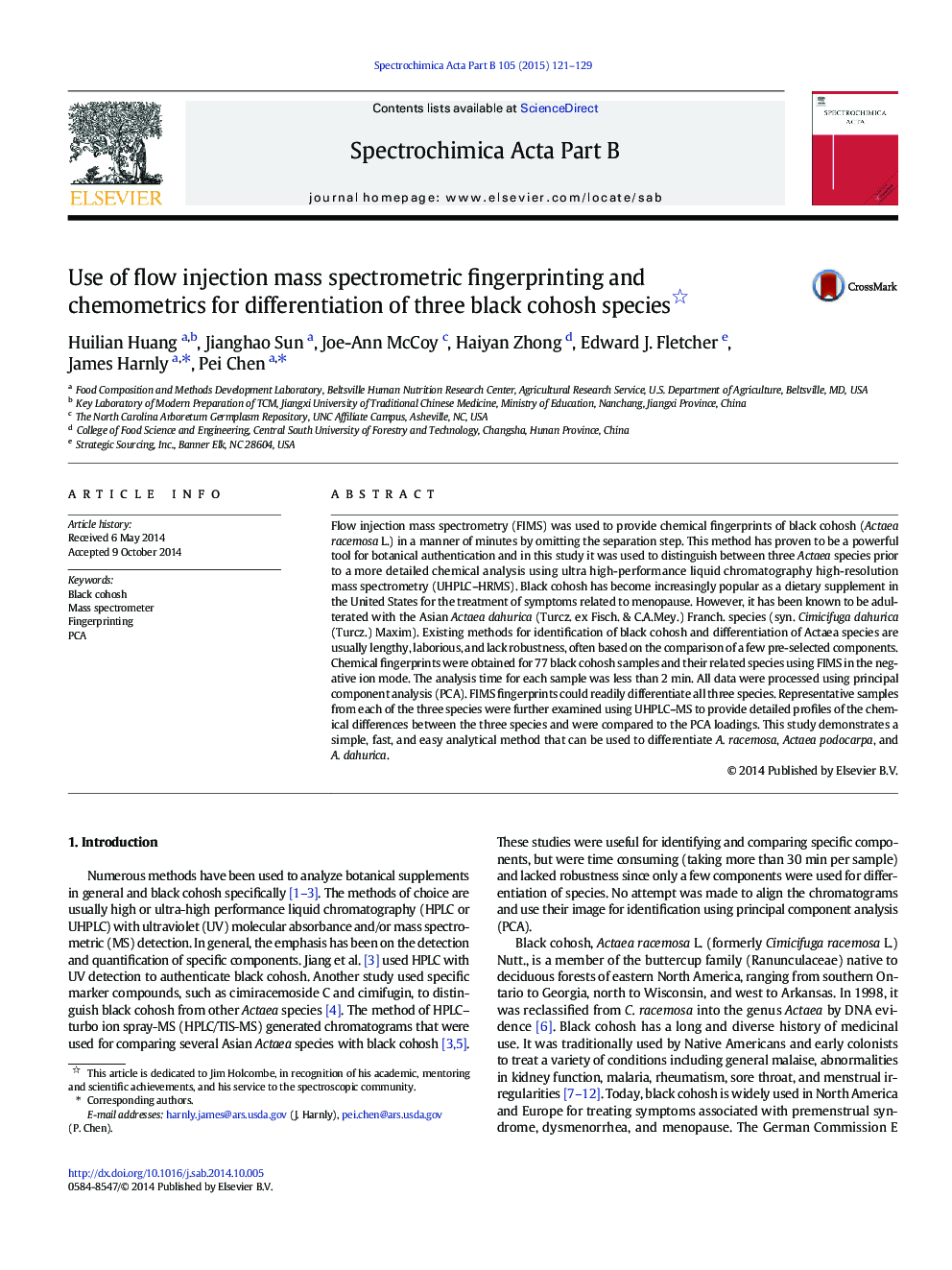 Use of flow injection mass spectrometric fingerprinting and chemometrics for differentiation of three black cohosh species