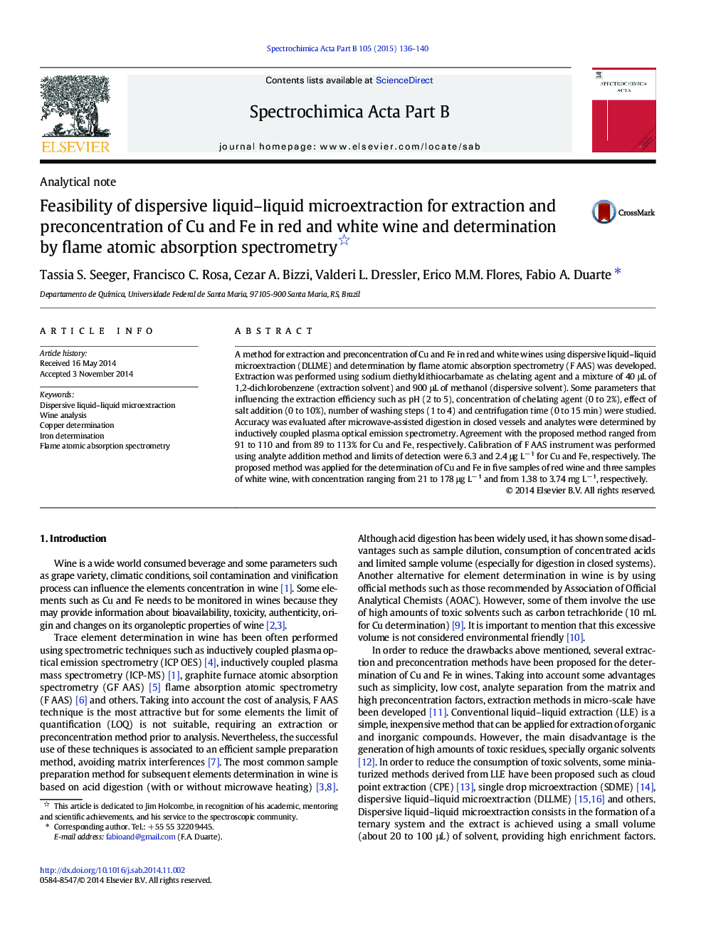 Feasibility of dispersive liquid-liquid microextraction for extraction and preconcentration of Cu and Fe in red and white wine and determination by flame atomic absorption spectrometry