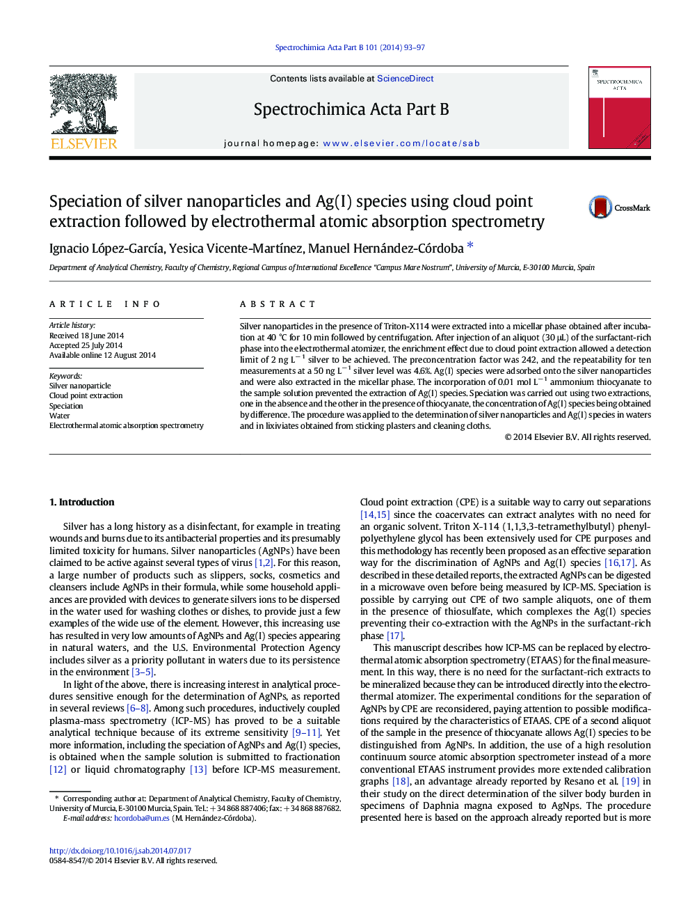 Speciation of silver nanoparticles and Ag(I) species using cloud point extraction followed by electrothermal atomic absorption spectrometry