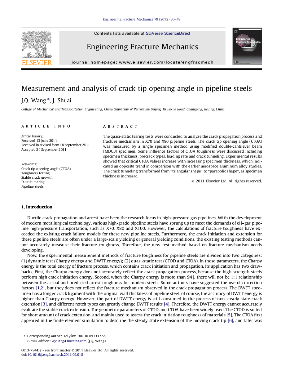 Measurement and analysis of crack tip opening angle in pipeline steels