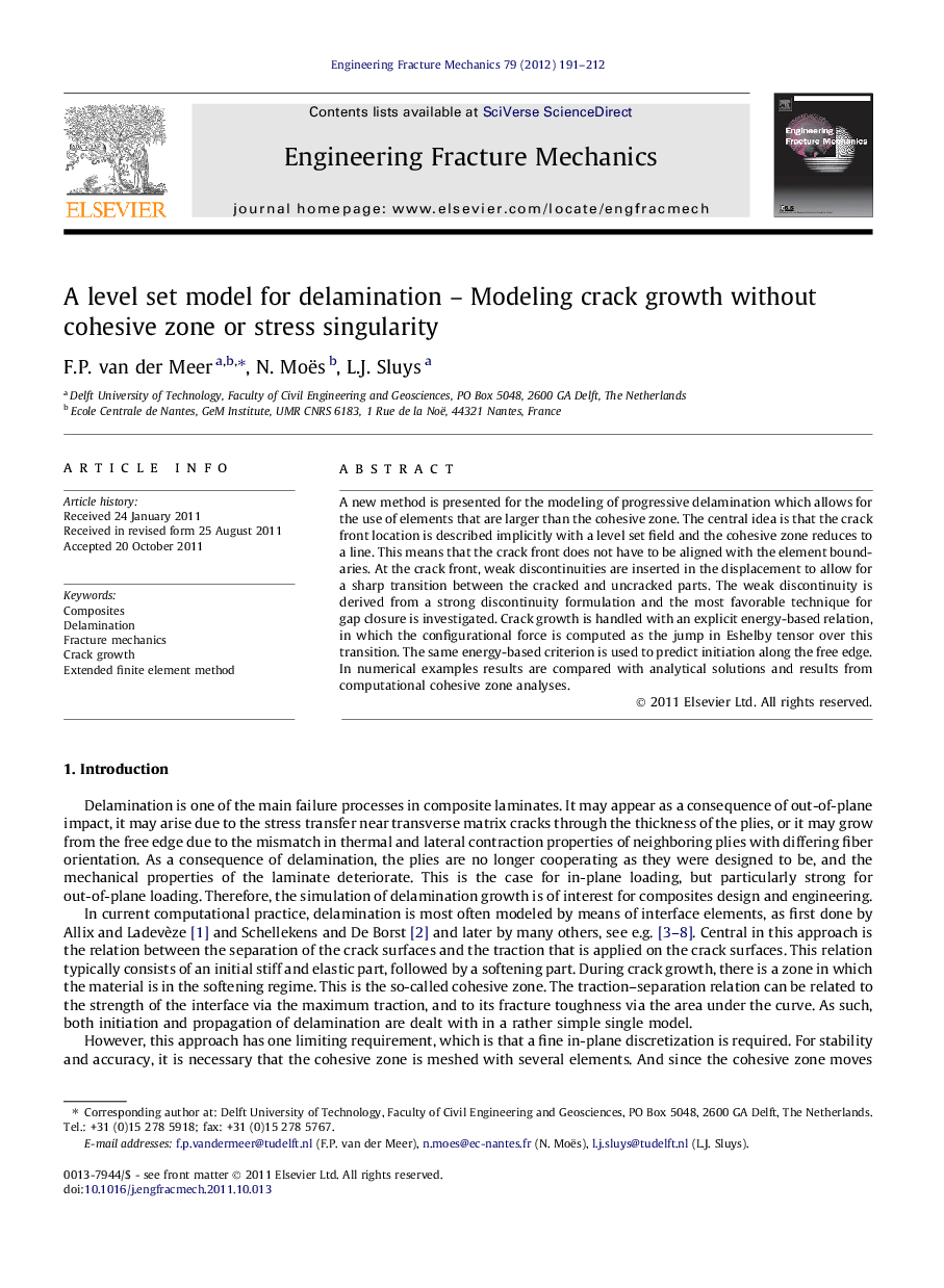 A level set model for delamination – Modeling crack growth without cohesive zone or stress singularity