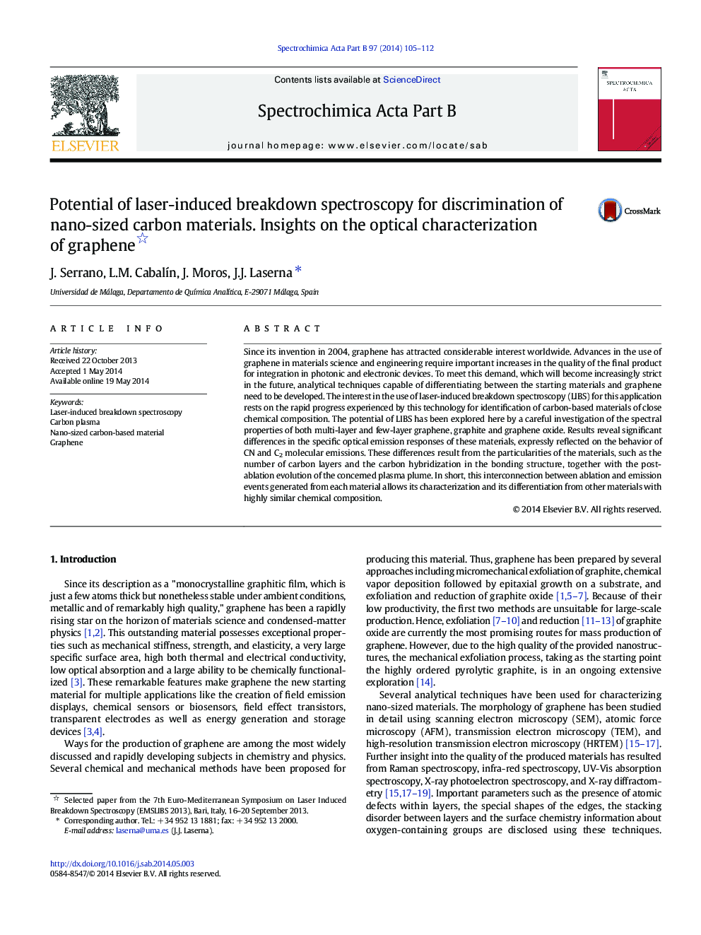 Potential of laser-induced breakdown spectroscopy for discrimination of nano-sized carbon materials. Insights on the optical characterization of graphene