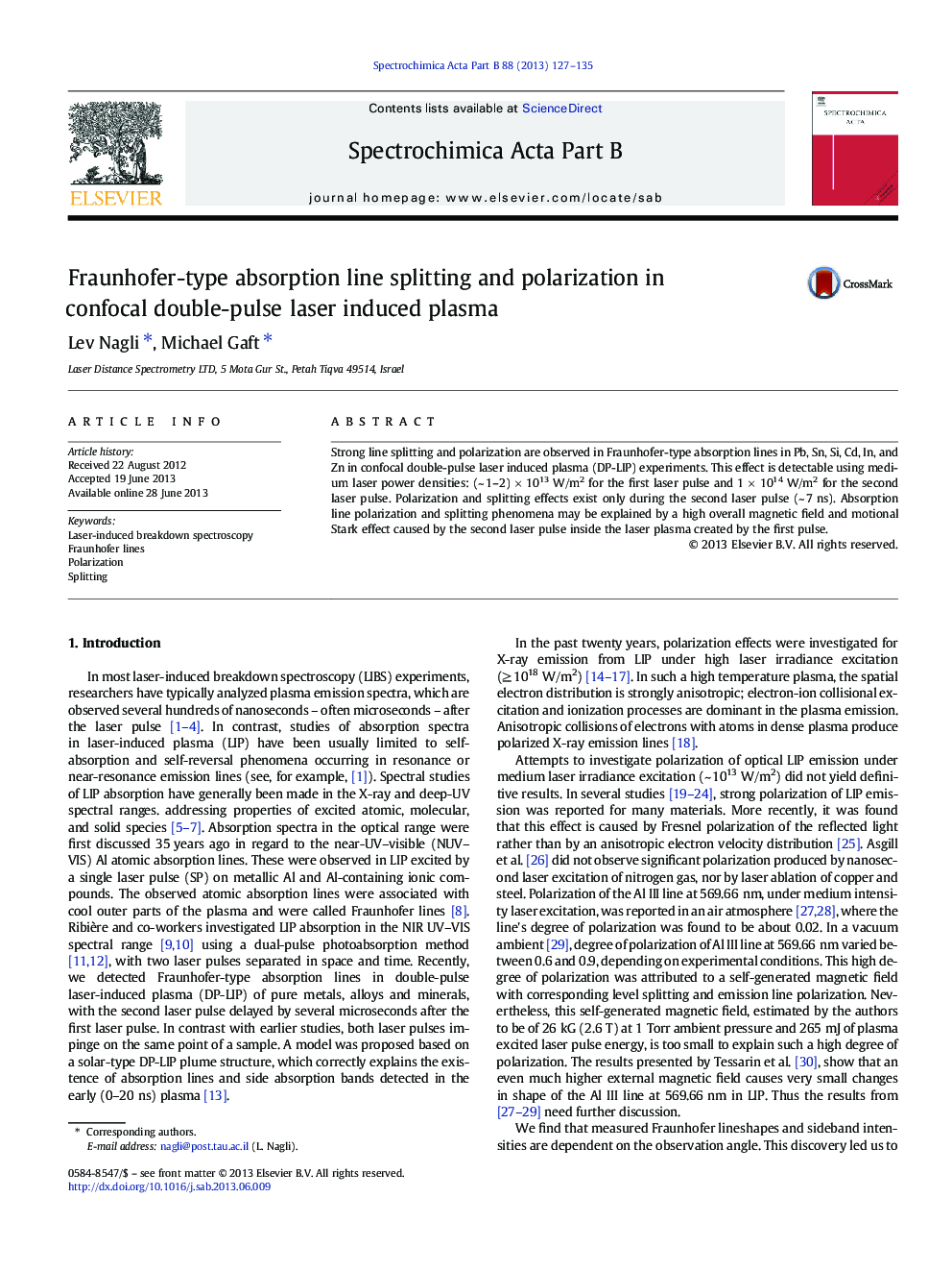 Fraunhofer-type absorption line splitting and polarization in confocal double-pulse laser induced plasma