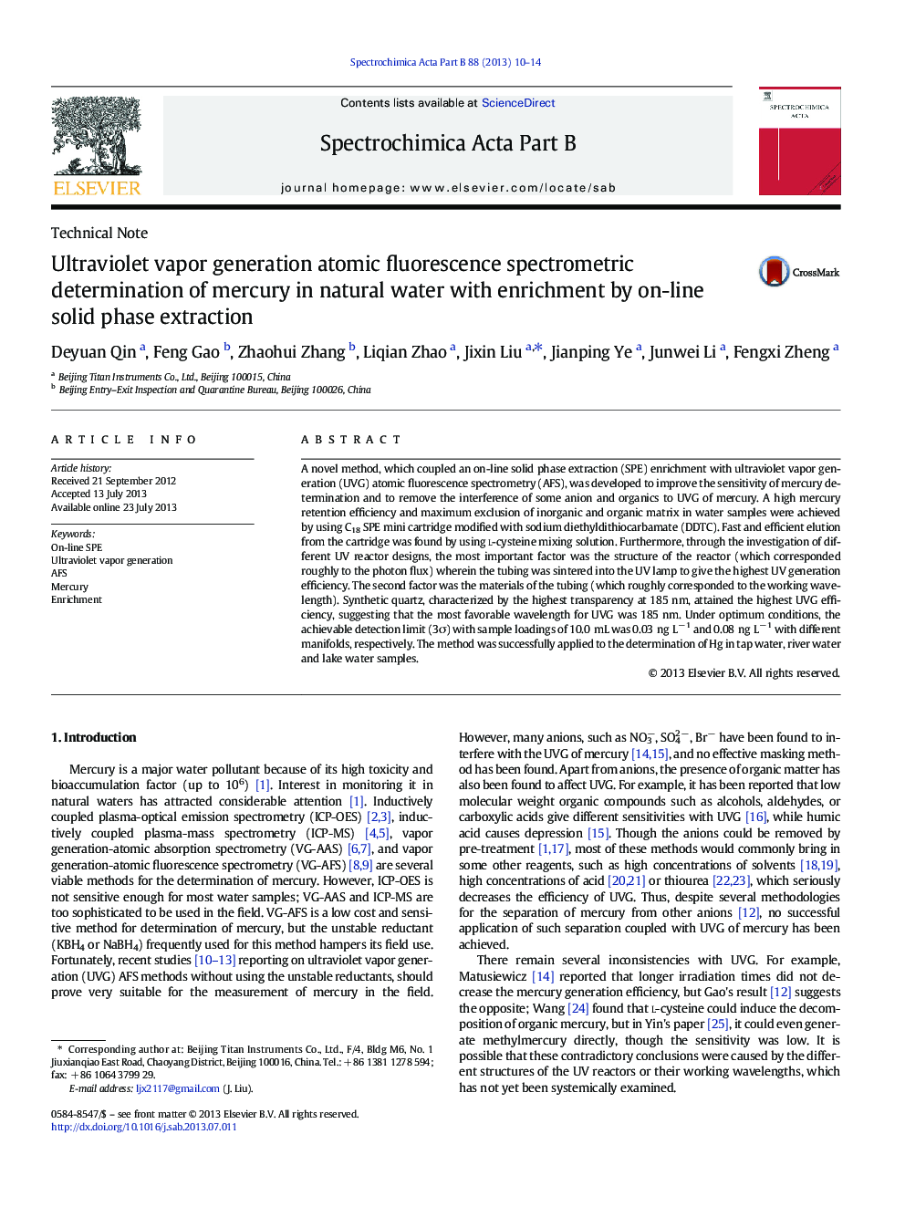 Ultraviolet vapor generation atomic fluorescence spectrometric determination of mercury in natural water with enrichment by on-line solid phase extraction