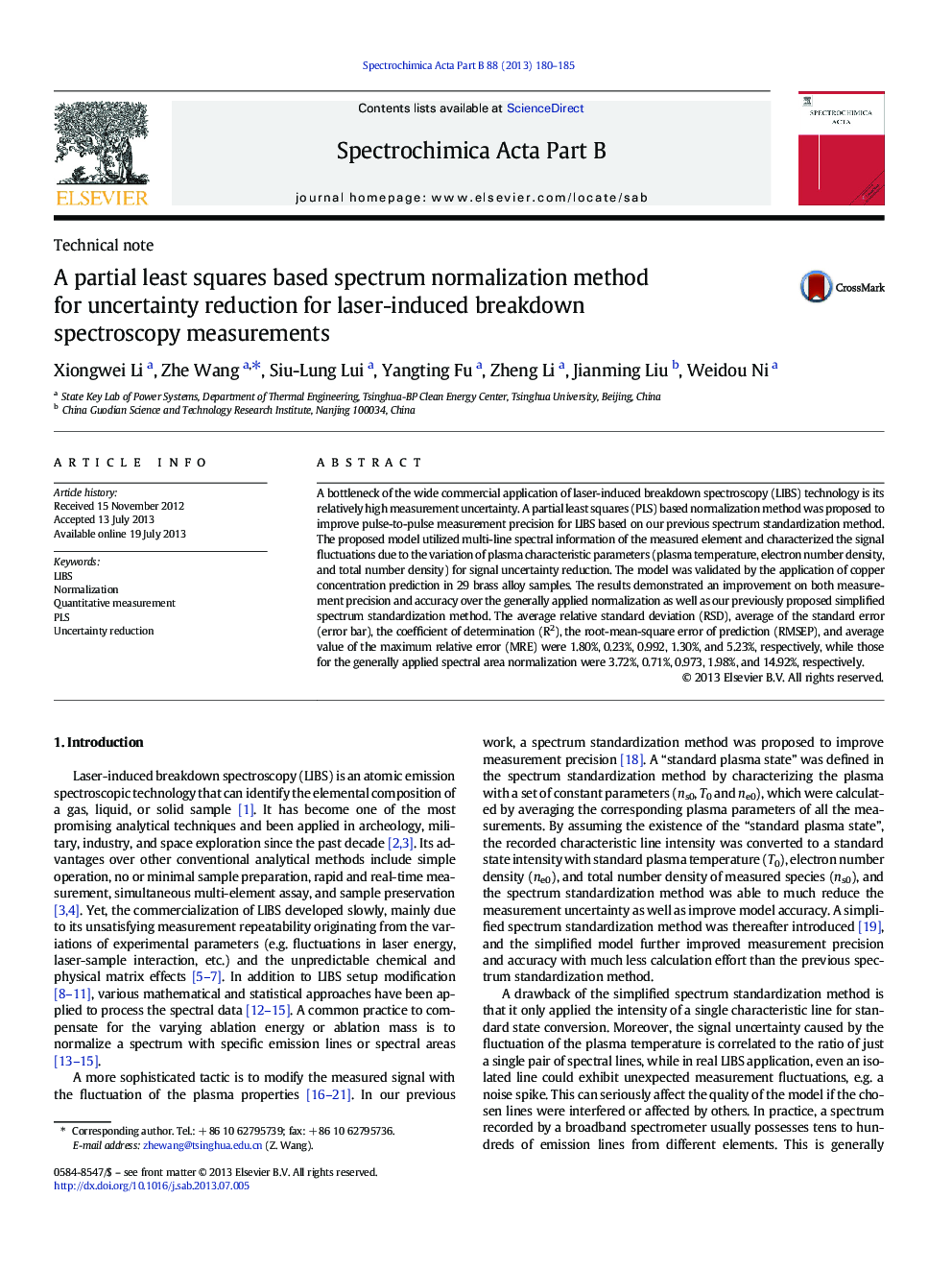 A partial least squares based spectrum normalization method for uncertainty reduction for laser-induced breakdown spectroscopy measurements