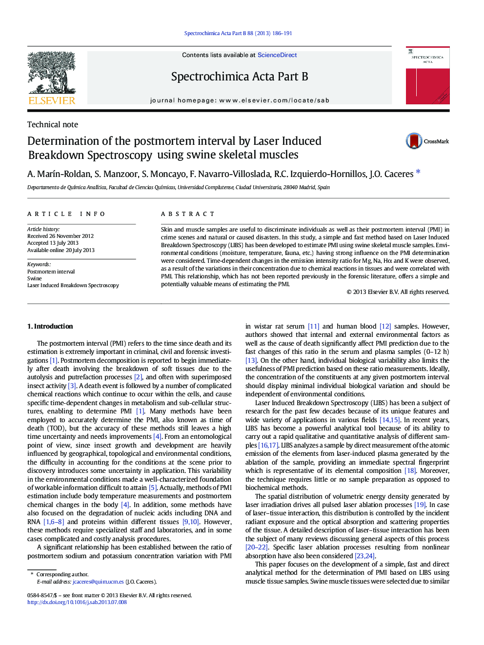 Determination of the postmortem interval by Laser Induced Breakdown Spectroscopy using swine skeletal muscles