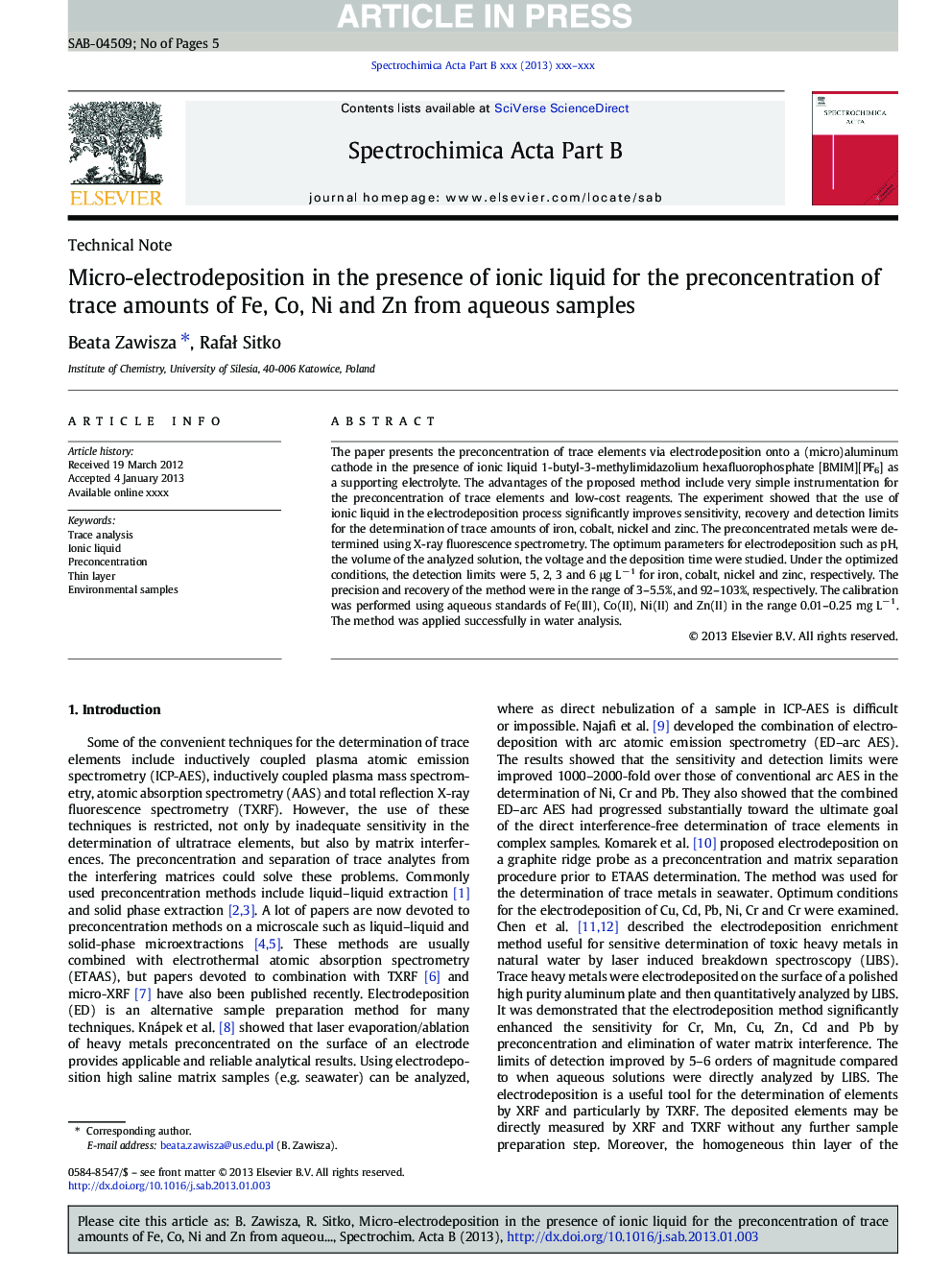 Micro-electrodeposition in the presence of ionic liquid for the preconcentration of trace amounts of Fe, Co, Ni and Zn from aqueous samples