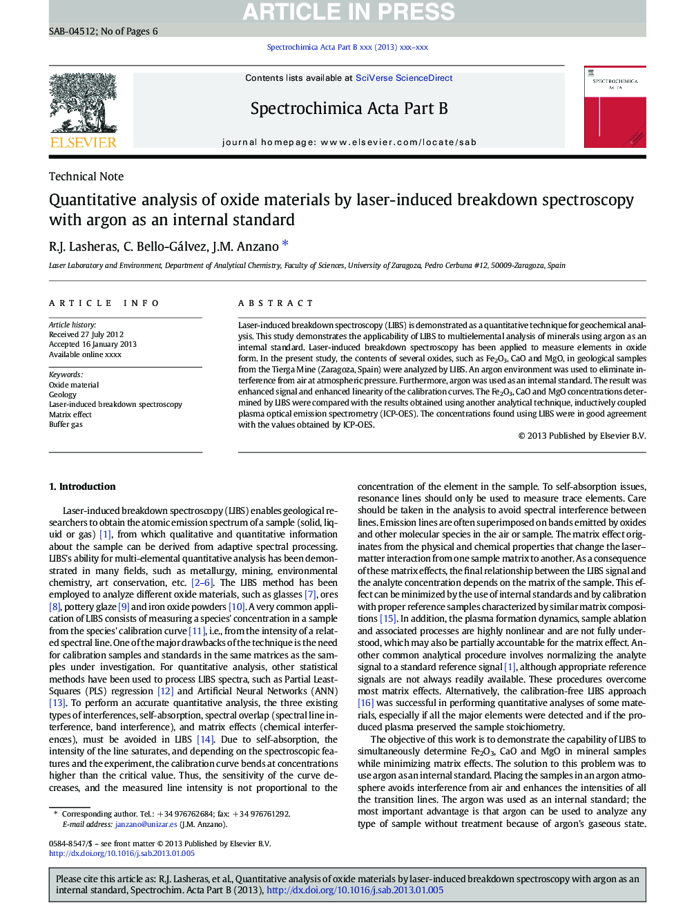 Quantitative analysis of oxide materials by laser-induced breakdown spectroscopy with argon as an internal standard