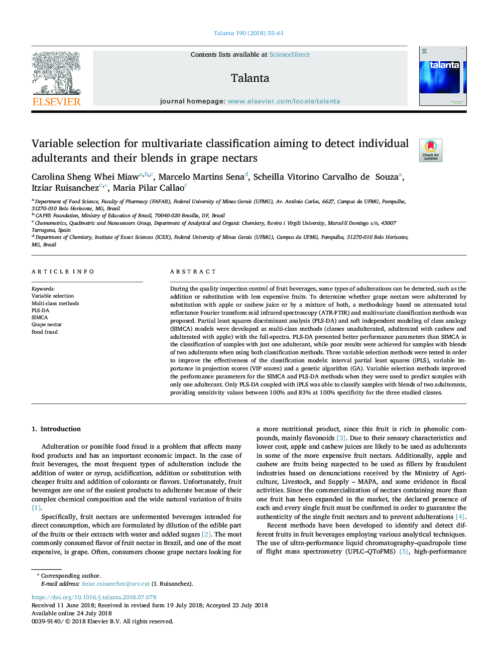 Variable selection for multivariate classification aiming to detect individual adulterants and their blends in grape nectars