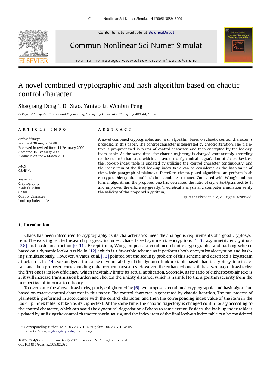 A novel combined cryptographic and hash algorithm based on chaotic control character