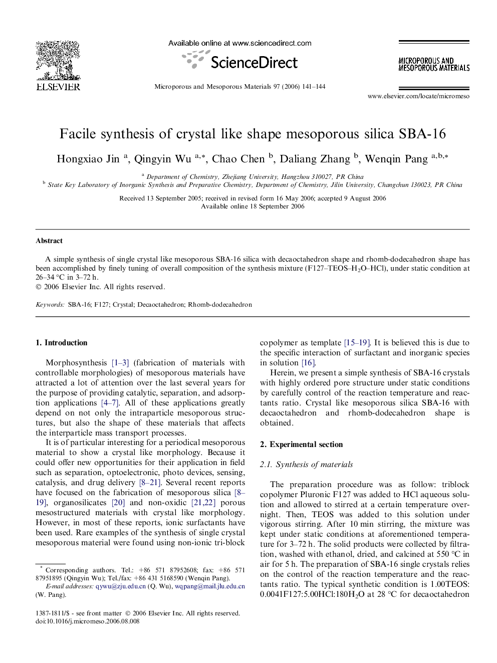 Facile synthesis of crystal like shape mesoporous silica SBA-16