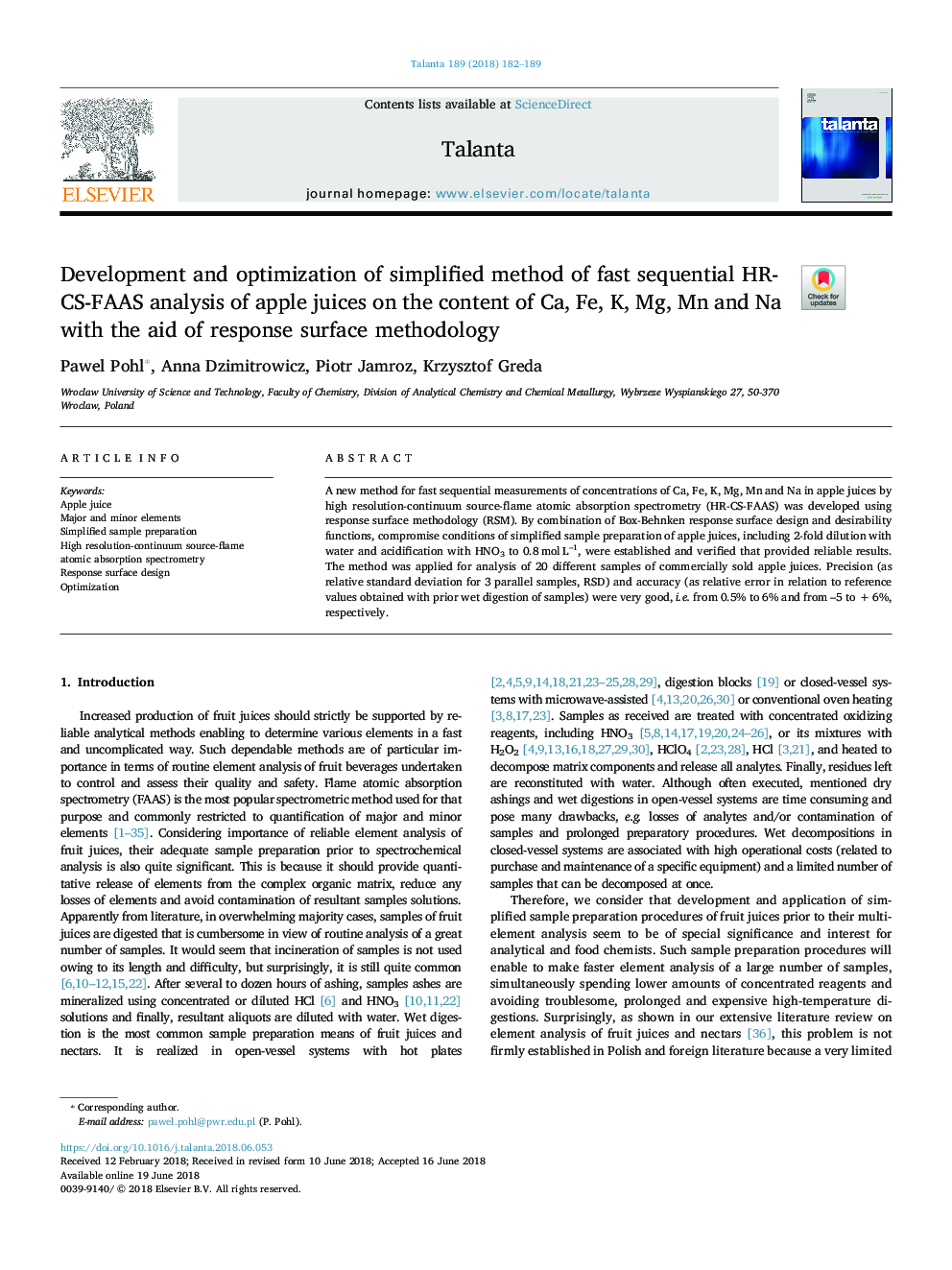 Development and optimization of simplified method of fast sequential HR-CS-FAAS analysis of apple juices on the content of Ca, Fe, K, Mg, Mn and Na with the aid of response surface methodology