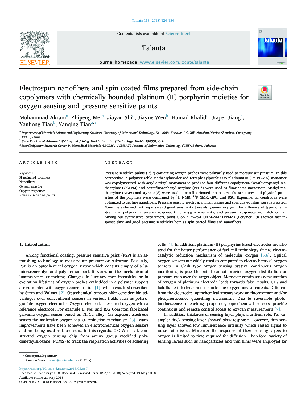 Electrospun nanofibers and spin coated films prepared from side-chain copolymers with chemically bounded platinum (II) porphyrin moieties for oxygen sensing and pressure sensitive paints