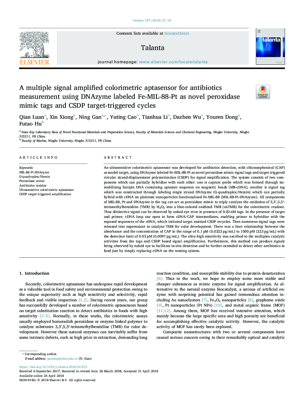 A multiple signal amplified colorimetric aptasensor for antibiotics measurement using DNAzyme labeled Fe-MIL-88-Pt as novel peroxidase mimic tags and CSDP target-triggered cycles