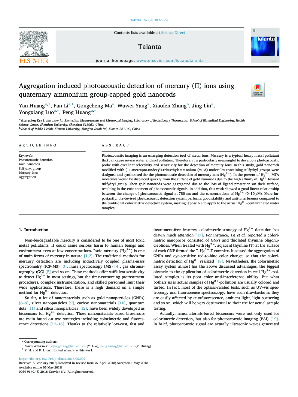 Aggregation induced photoacoustic detection of mercury (â¡) ions using quaternary ammonium group-capped gold nanorods