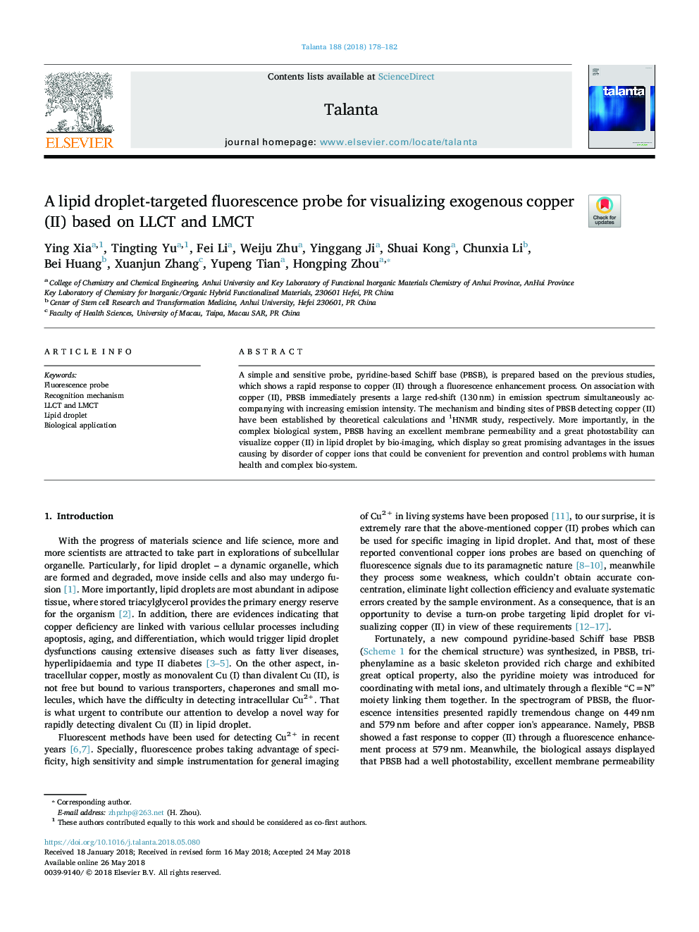 عکس صفحه اول مقاله: A lipid droplet-targeted fluorescence probe for visualizing exogenous copper (II) based on LLCT and LMCT A lipid droplet-targeted fluorescence probe for visualizing exogenous copper (II) based on LLCT and LMCT