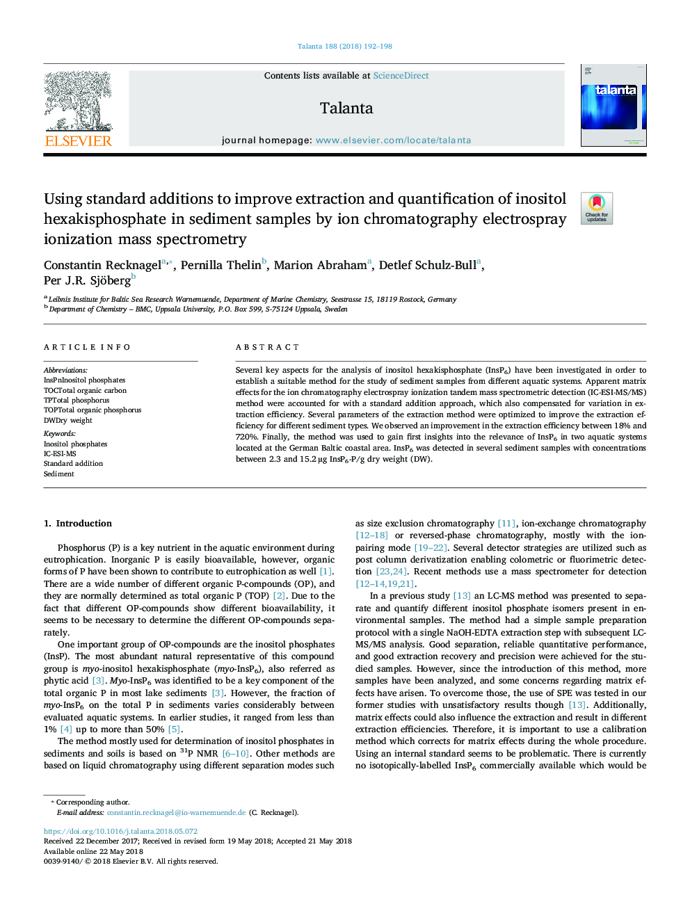 Using standard additions to improve extraction and quantification of inositol hexakisphosphate in sediment samples by ion chromatography electrospray ionization mass spectrometry