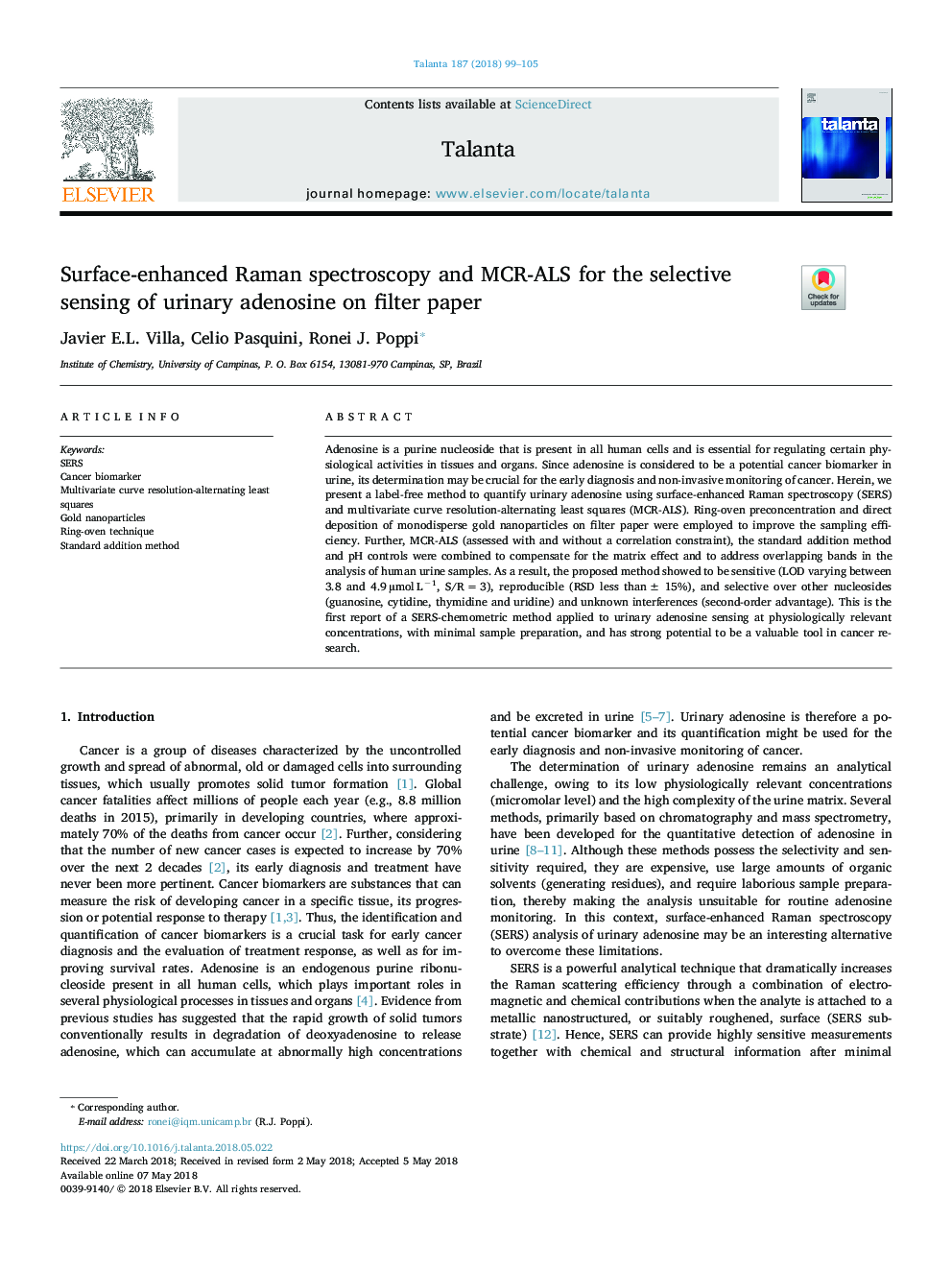 Surface-enhanced Raman spectroscopy and MCR-ALS for the selective sensing of urinary adenosine on filter paper