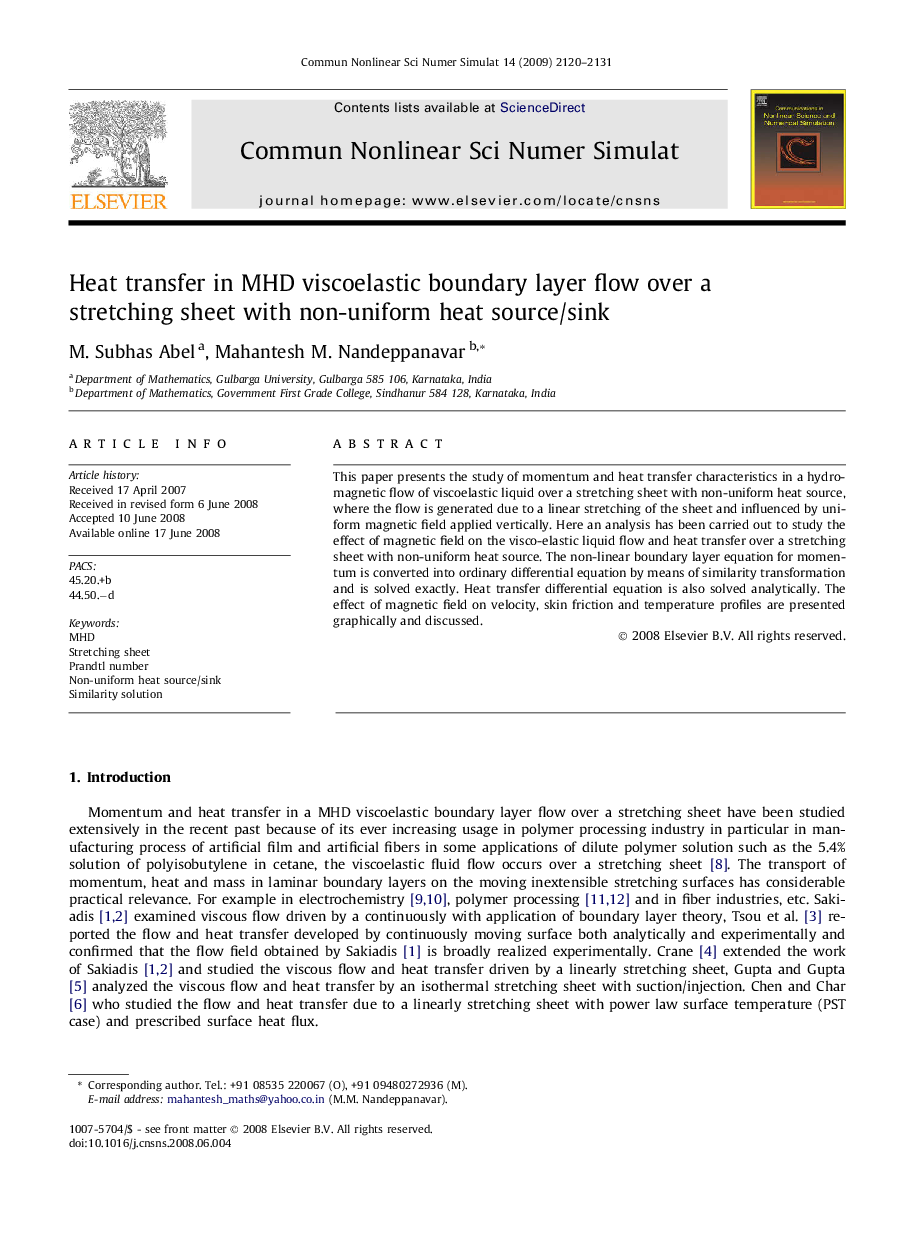 Heat transfer in MHD viscoelastic boundary layer flow over a stretching sheet with non-uniform heat source/sink