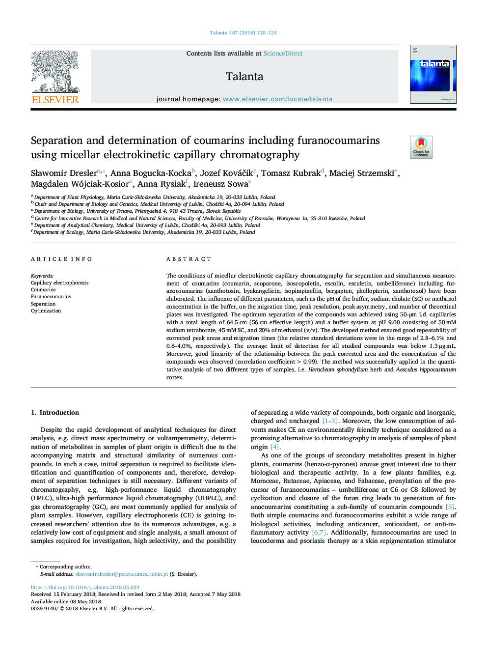 Separation and determination of coumarins including furanocoumarins using micellar electrokinetic capillary chromatography