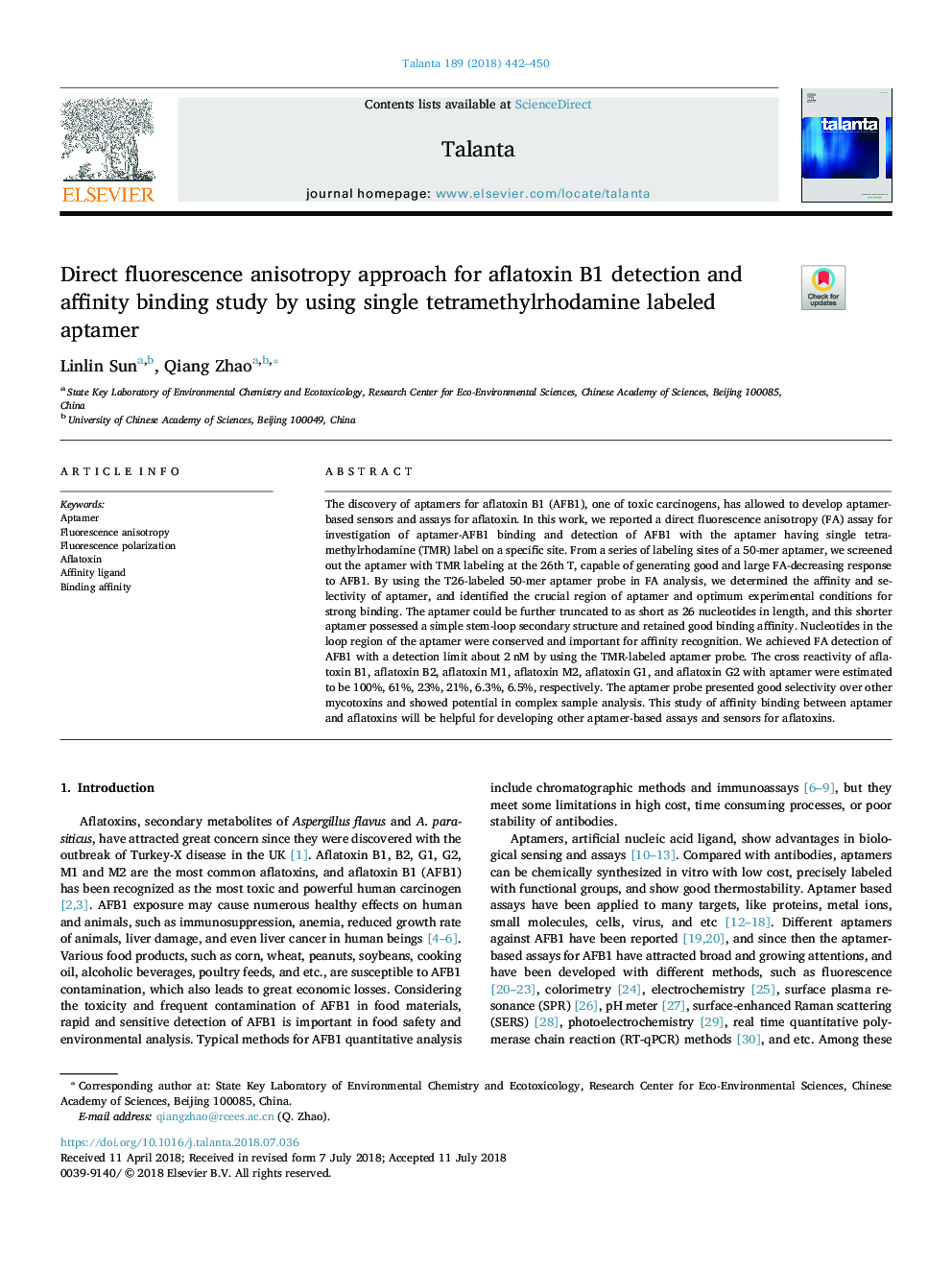 Direct fluorescence anisotropy approach for aflatoxin B1 detection and affinity binding study by using single tetramethylrhodamine labeled aptamer