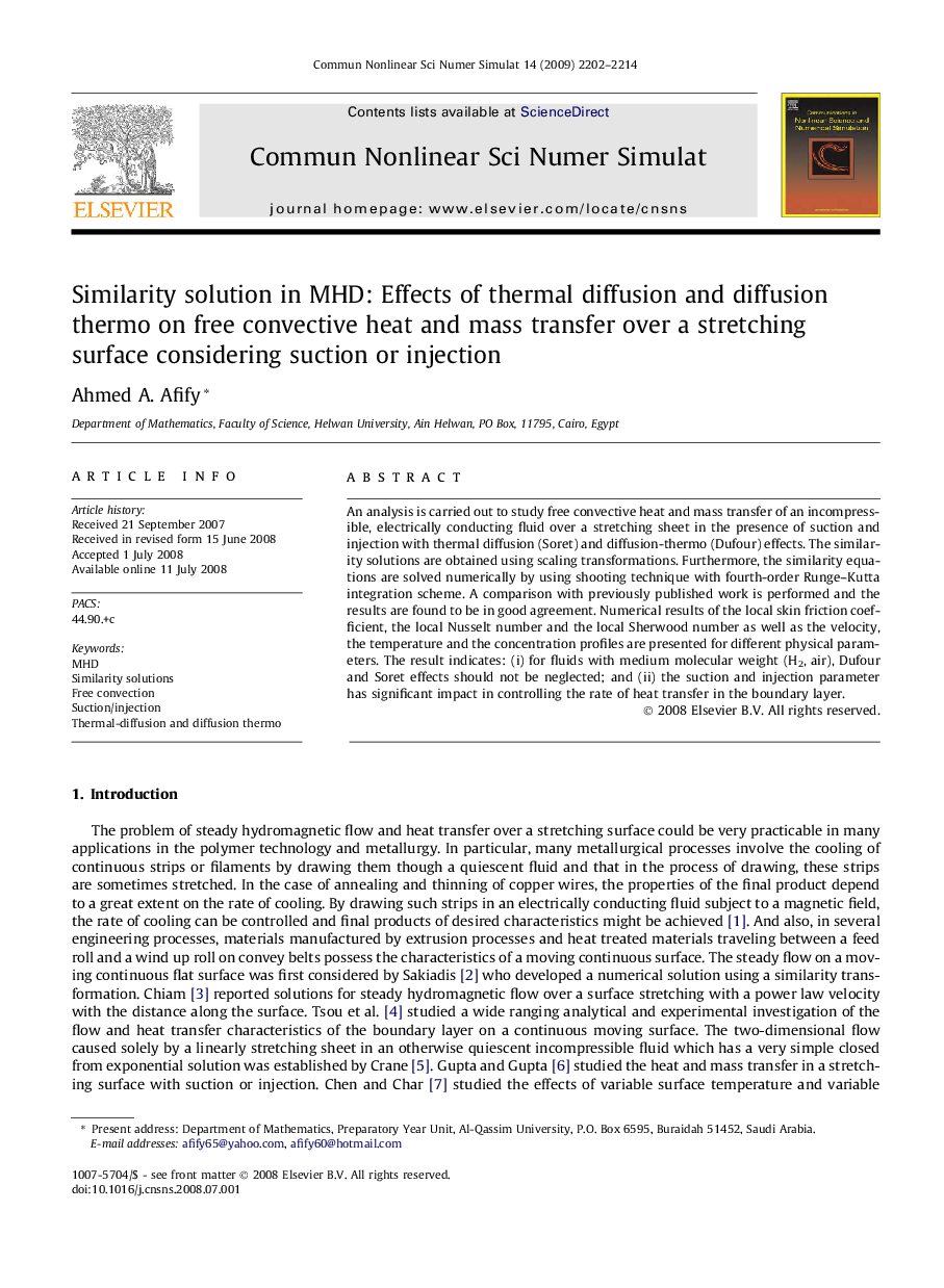 Similarity solution in MHD: Effects of thermal diffusion and diffusion thermo on free convective heat and mass transfer over a stretching surface considering suction or injection