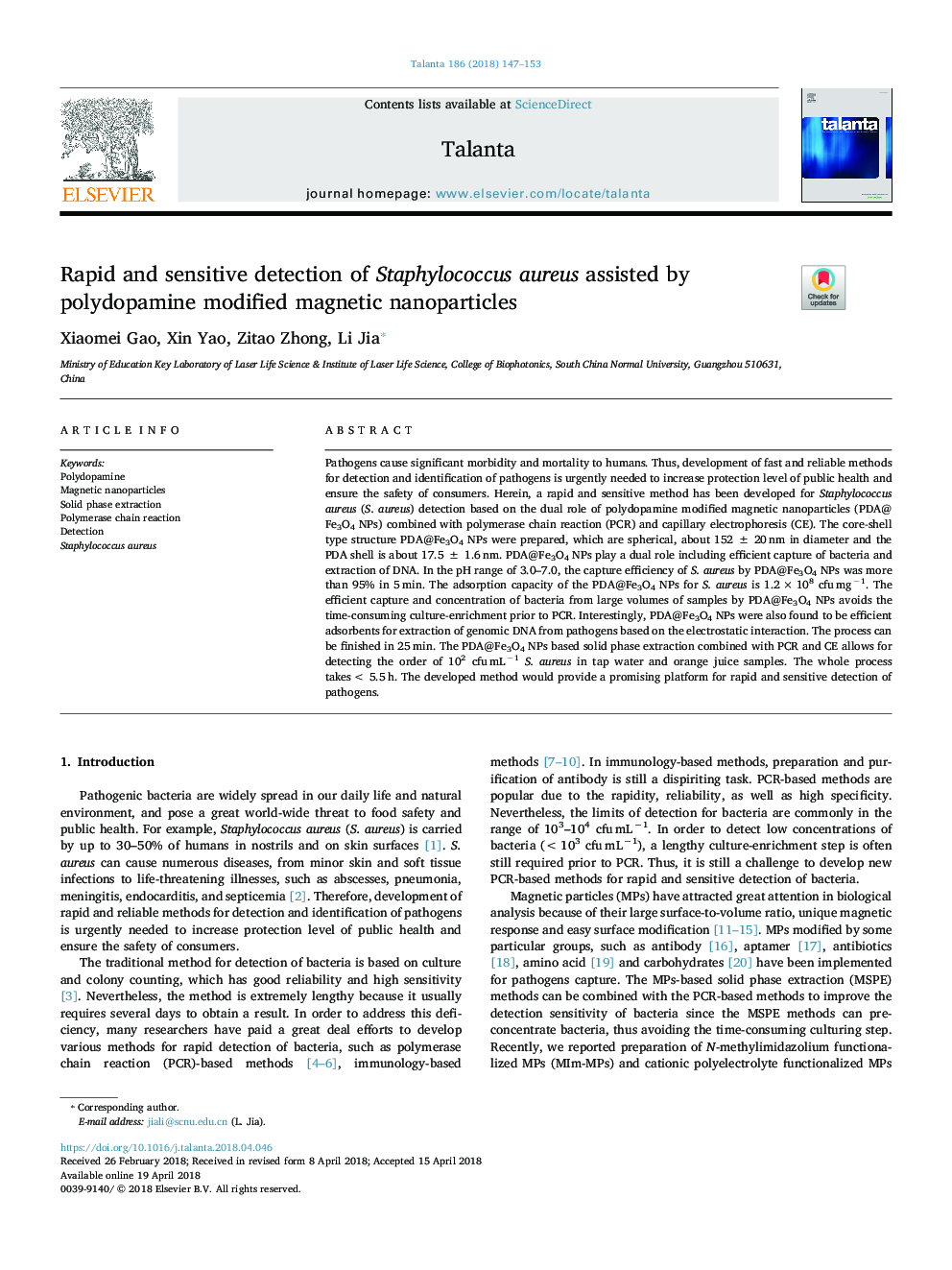 Rapid and sensitive detection of Staphylococcus aureus assisted by polydopamine modified magnetic nanoparticles