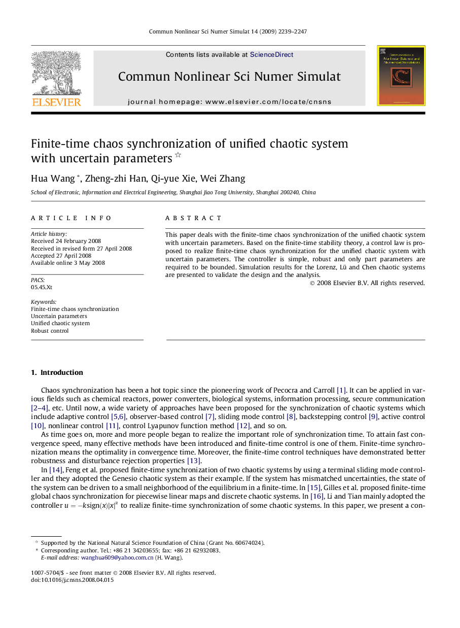 Finite-time chaos synchronization of unified chaotic system with uncertain parameters 