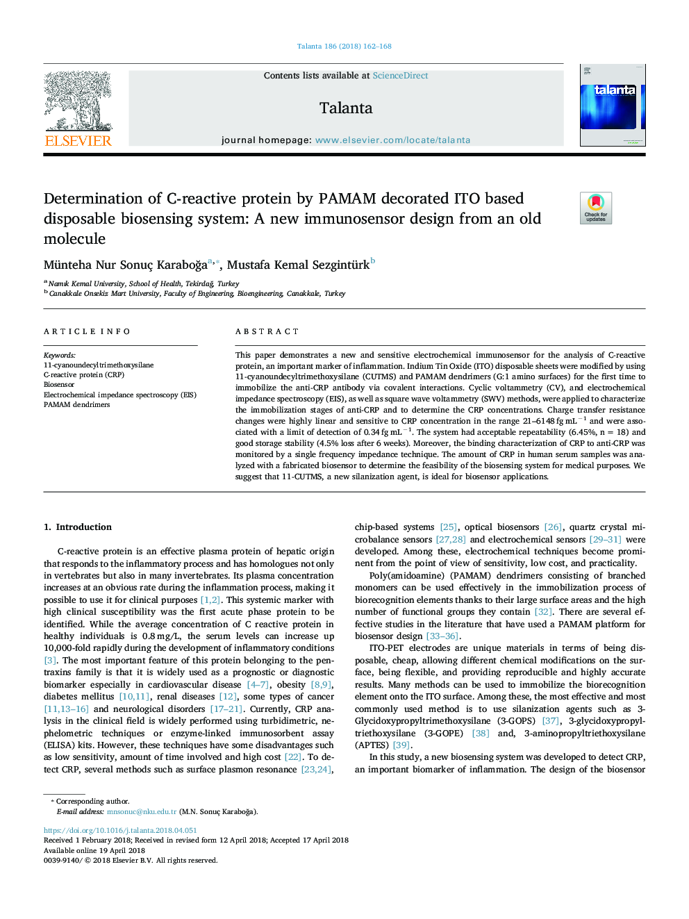 Determination of C-reactive protein by PAMAM decorated ITO based disposable biosensing system: A new immunosensor design from an old molecule