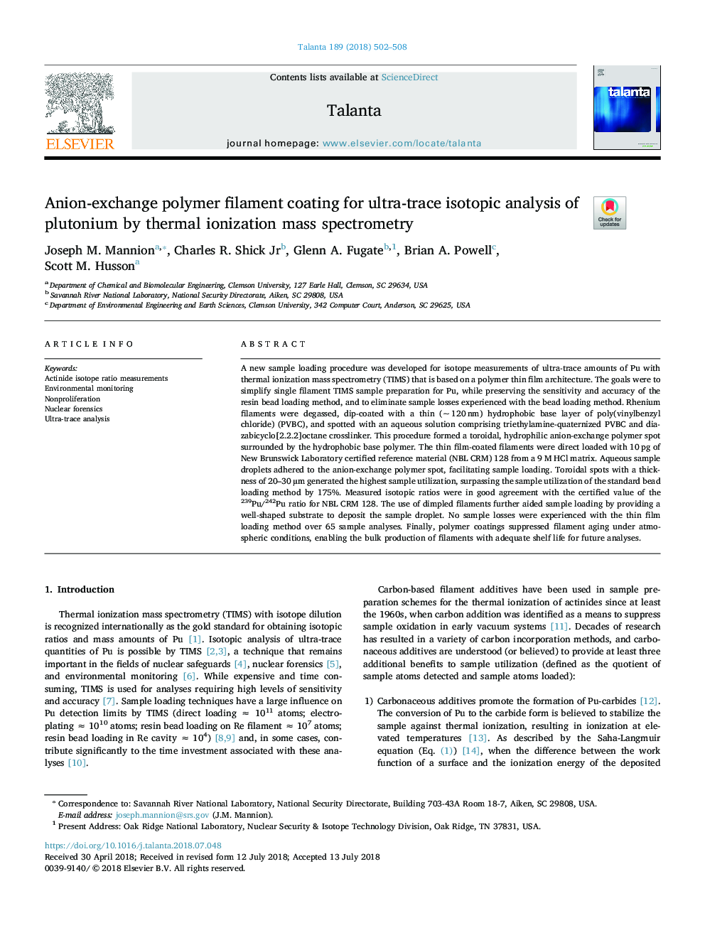 Anion-exchange polymer filament coating for ultra-trace isotopic analysis of plutonium by thermal ionization mass spectrometry