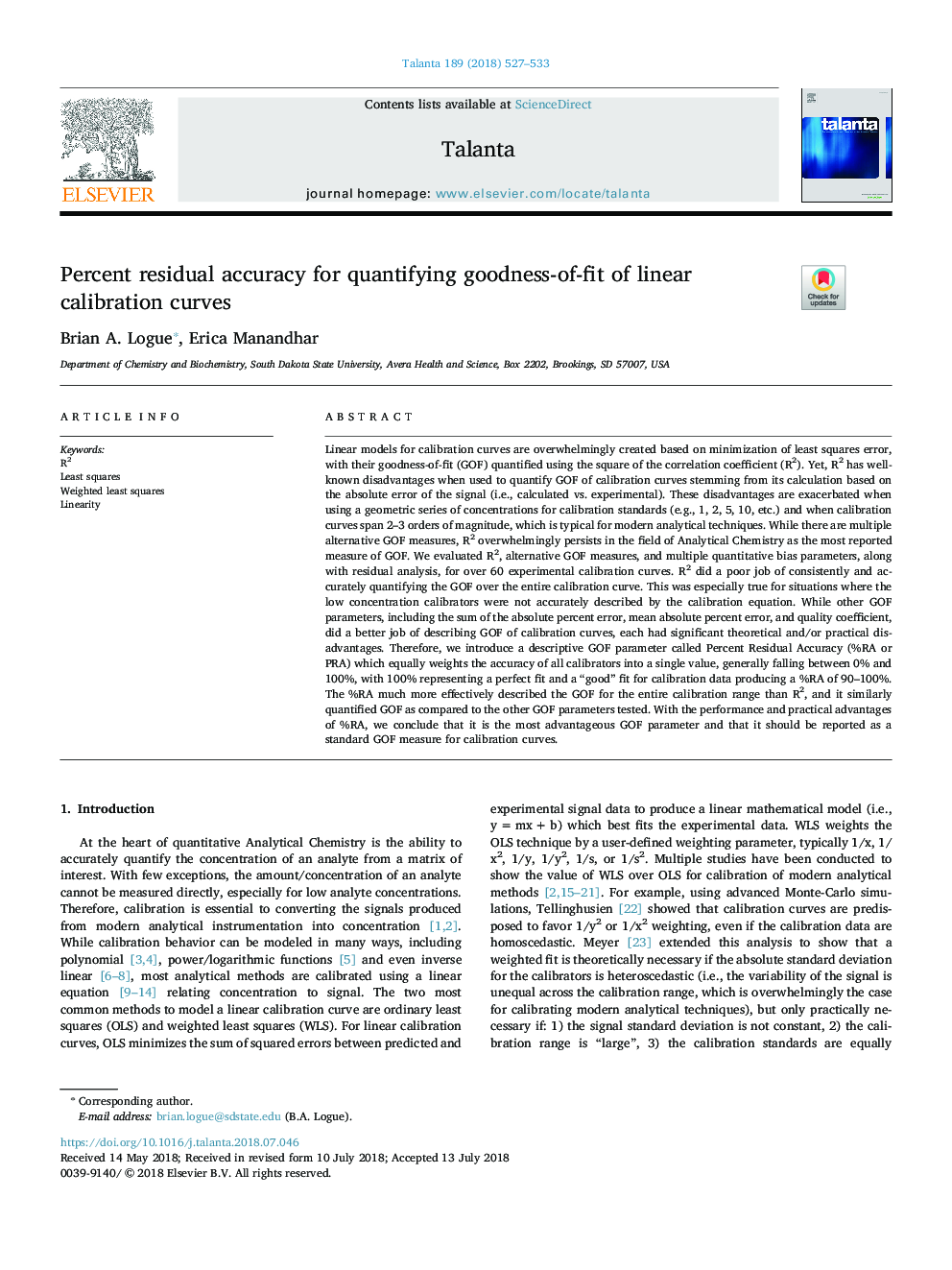 Percent residual accuracy for quantifying goodness-of-fit of linear calibration curves