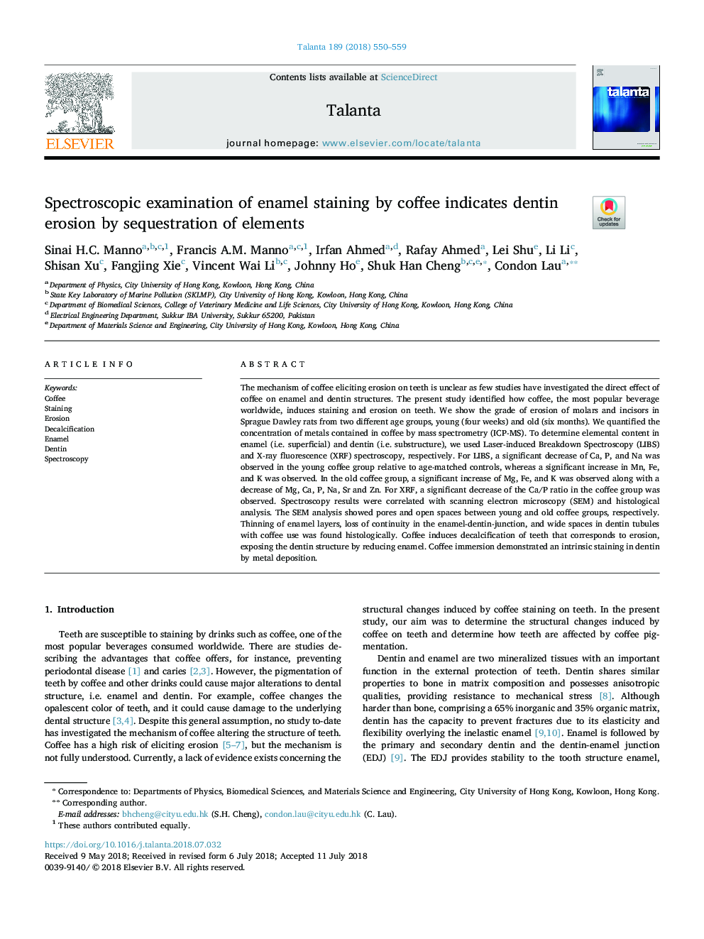 Spectroscopic examination of enamel staining by coffee indicates dentin erosion by sequestration of elements