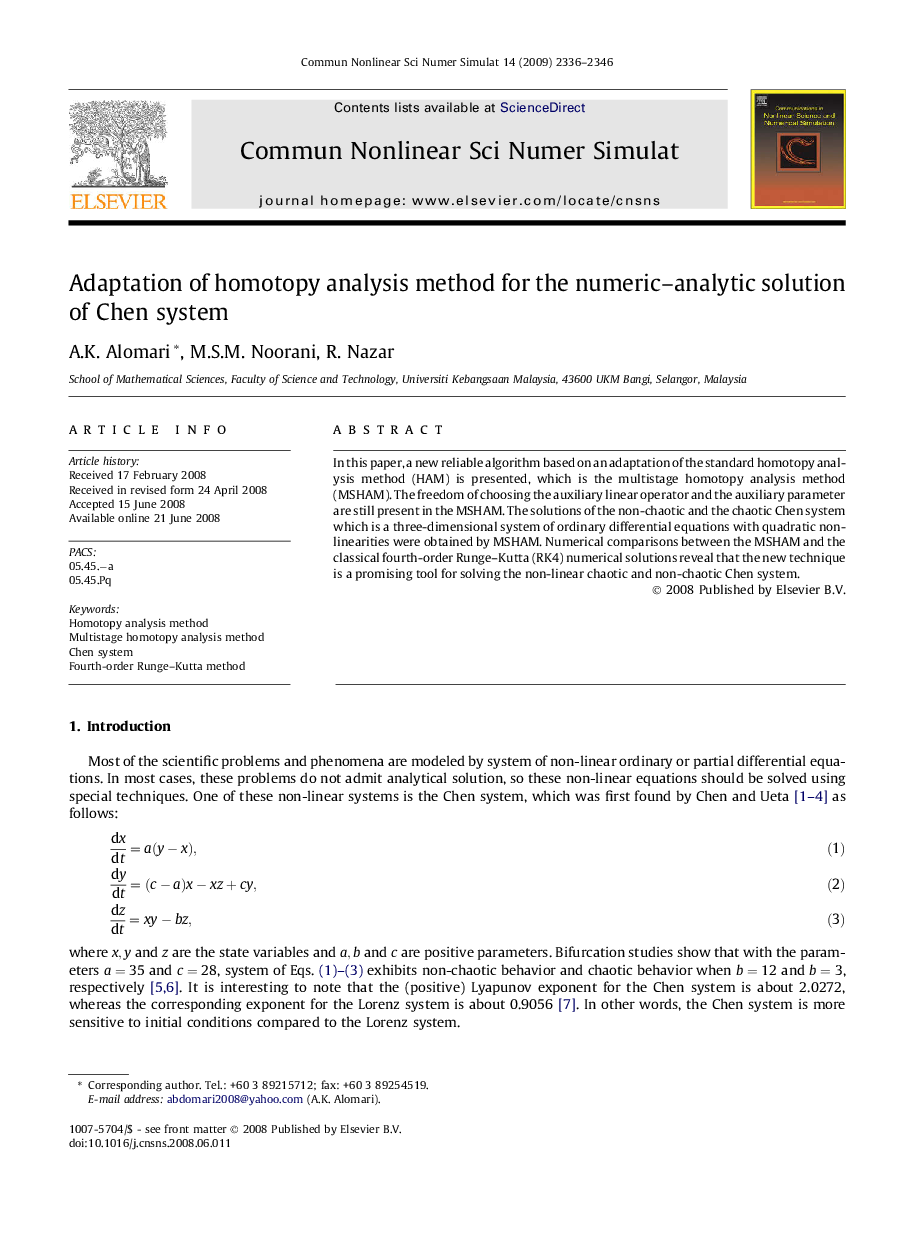 Adaptation of homotopy analysis method for the numeric–analytic solution of Chen system