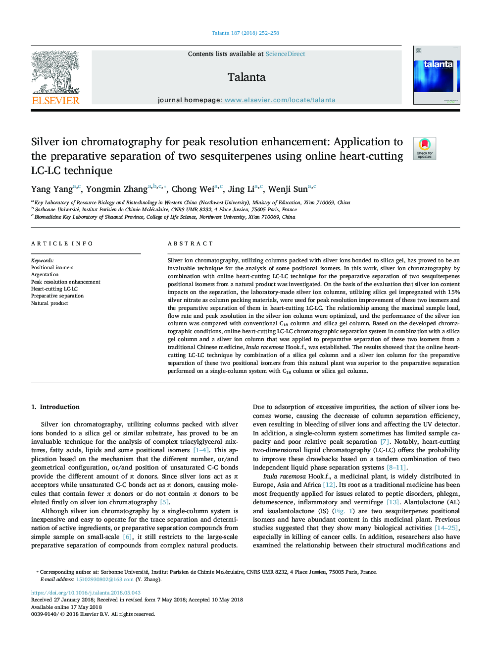 Silver ion chromatography for peak resolution enhancement: Application to the preparative separation of two sesquiterpenes using online heart-cutting LC-LC technique