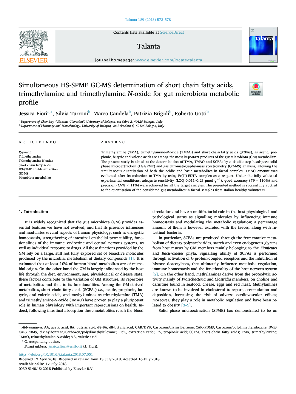 Simultaneous HS-SPME GC-MS determination of short chain fatty acids, trimethylamine and trimethylamine N-oxide for gut microbiota metabolic profile