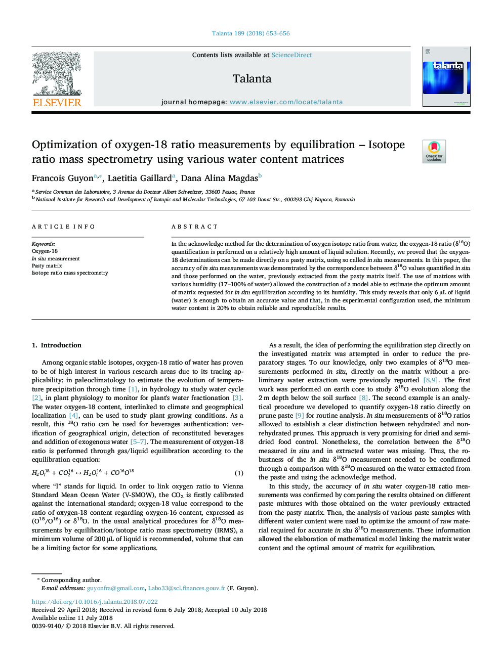 Optimization of oxygen-18 ratio measurements by equilibration - Isotope ratio mass spectrometry using various water content matrices
