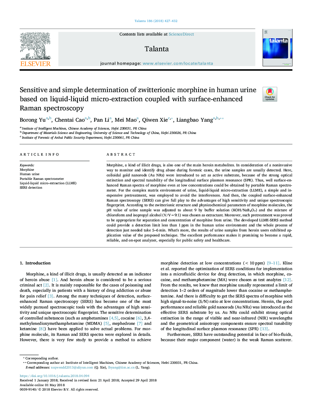 Sensitive and simple determination of zwitterionic morphine in human urine based on liquid-liquid micro-extraction coupled with surface-enhanced Raman spectroscopy