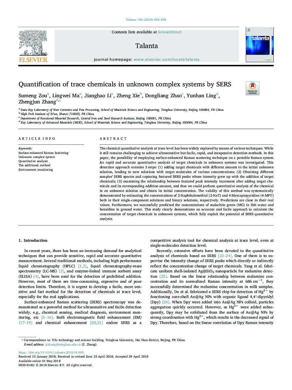 Quantification of trace chemicals in unknown complex systems by SERS