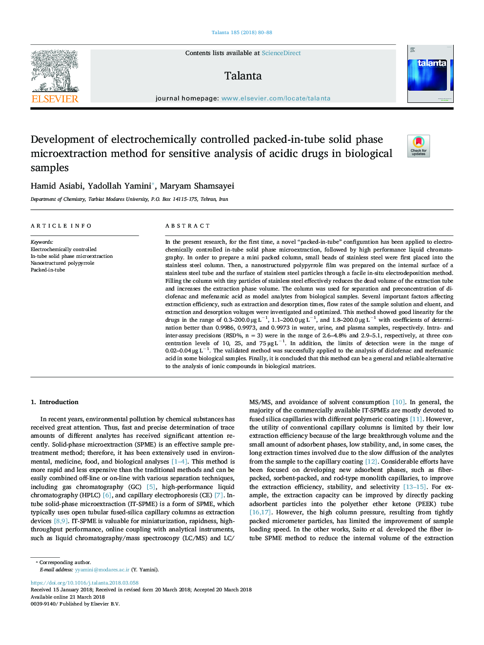Development of electrochemically controlled packed-in-tube solid phase microextraction method for sensitive analysis of acidic drugs in biological samples
