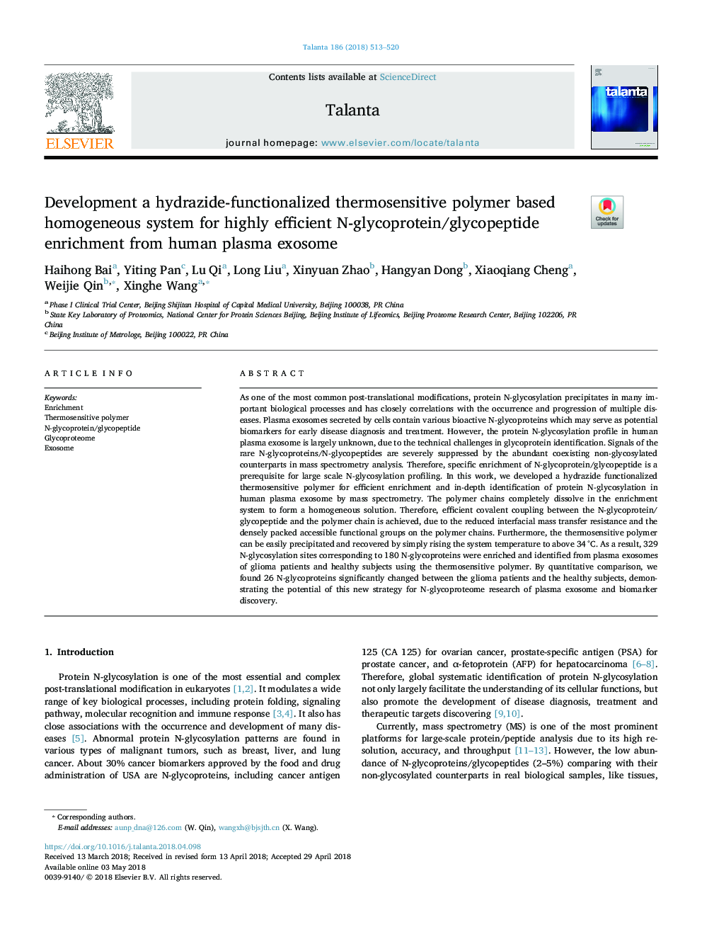 Development a hydrazide-functionalized thermosensitive polymer based homogeneous system for highly efficient N-glycoprotein/glycopeptide enrichment from human plasma exosome