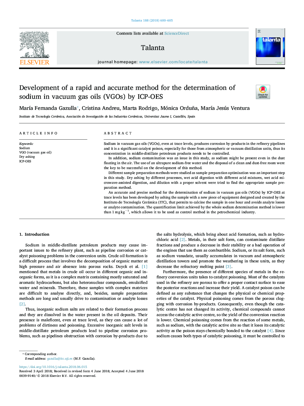 Development of a rapid and accurate method for the determination of sodium in vacuum gas oils (VGOs) by ICP-OES