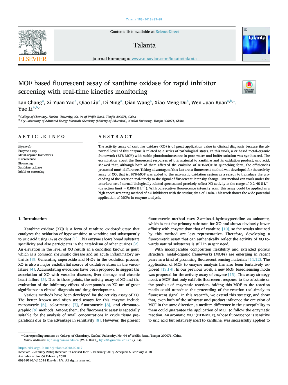 MOF based fluorescent assay of xanthine oxidase for rapid inhibitor screening with real-time kinetics monitoring