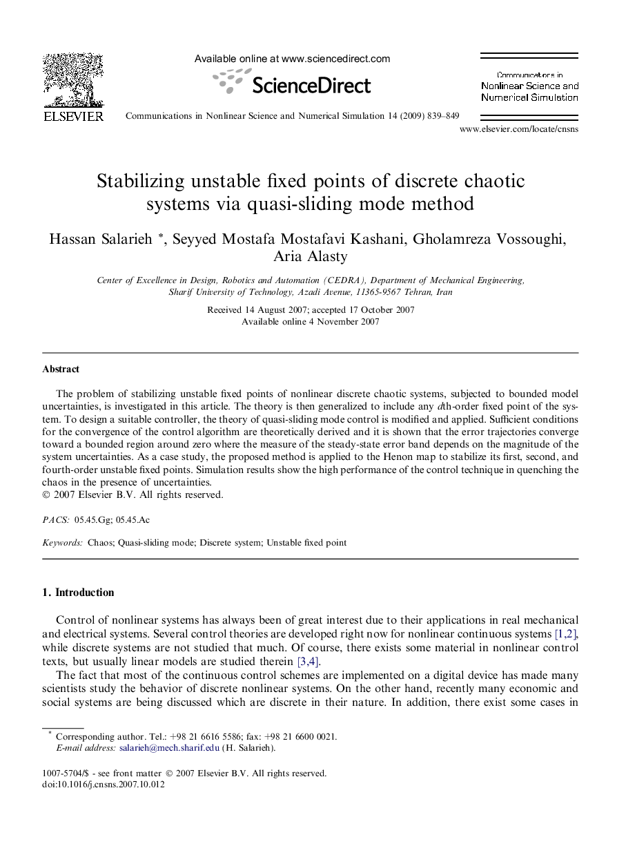 Stabilizing unstable fixed points of discrete chaotic systems via quasi-sliding mode method