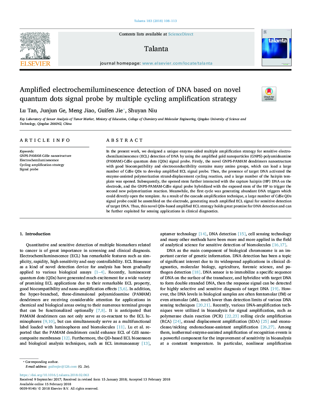 Amplified electrochemiluminescence detection of DNA based on novel quantum dots signal probe by multiple cycling amplification strategy