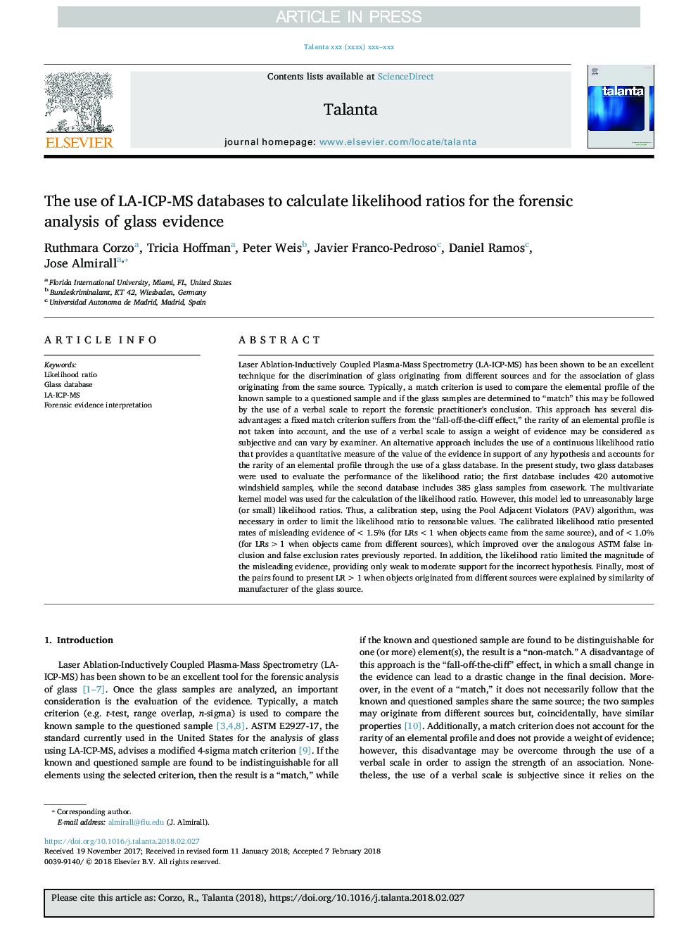 The use of LA-ICP-MS databases to calculate likelihood ratios for the forensic analysis of glass evidence