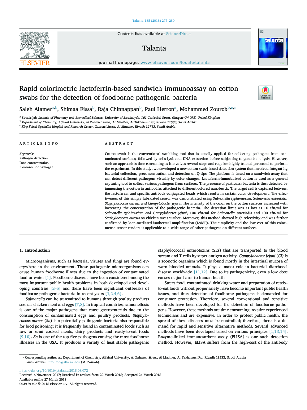 Rapid colorimetric lactoferrin-based sandwich immunoassay on cotton swabs for the detection of foodborne pathogenic bacteria