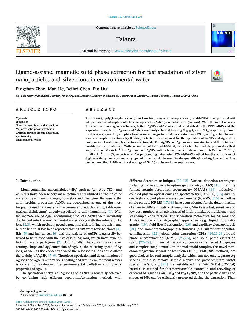 Ligand-assisted magnetic solid phase extraction for fast speciation of silver nanoparticles and silver ions in environmental water