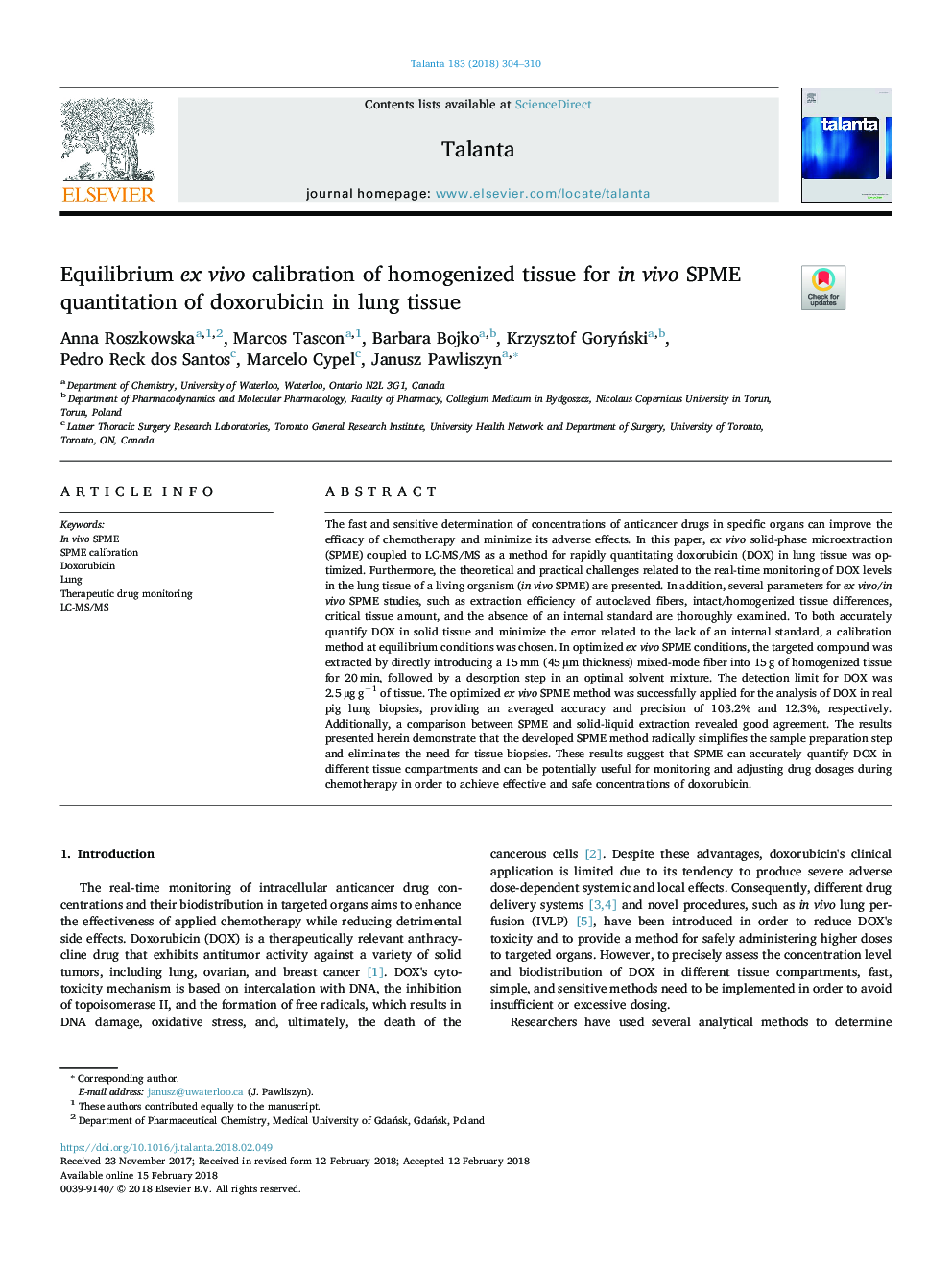 Equilibrium ex vivo calibration of homogenized tissue for in vivo SPME quantitation of doxorubicin in lung tissue