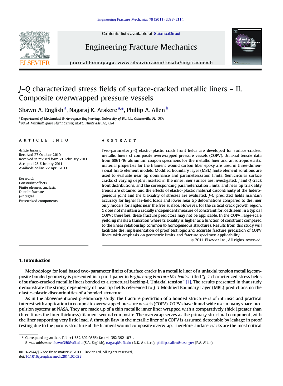 J–Q characterized stress fields of surface-cracked metallic liners – II. Composite overwrapped pressure vessels