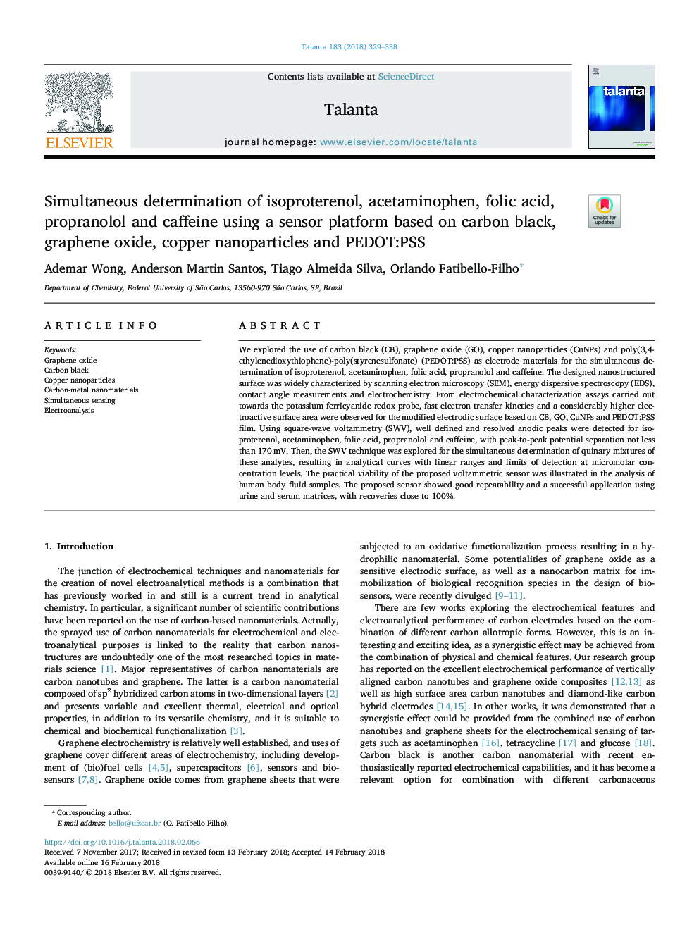 Simultaneous determination of isoproterenol, acetaminophen, folic acid, propranolol and caffeine using a sensor platform based on carbon black, graphene oxide, copper nanoparticles and PEDOT:PSS